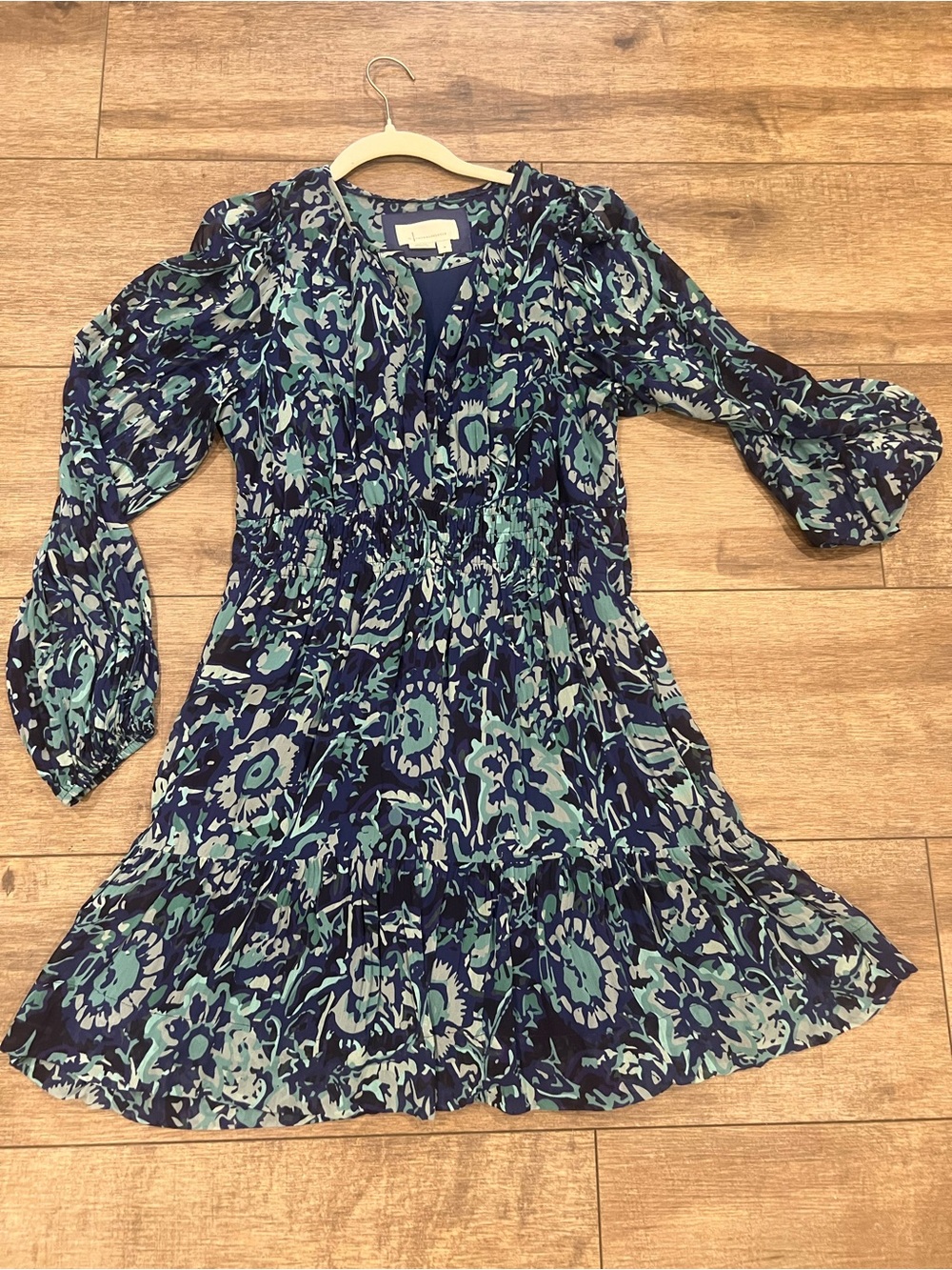 Anthropologie Navy & Teal Floral Smocked Mini Dress